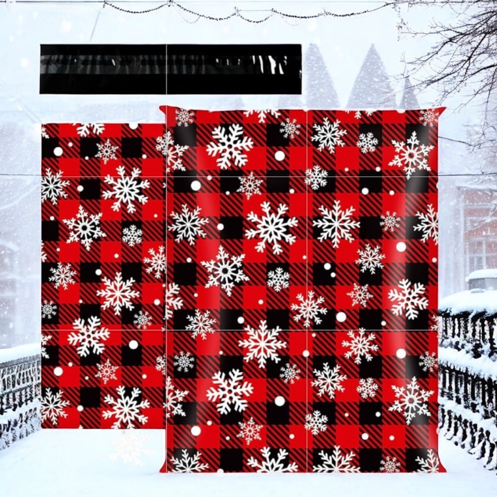 (10) 10x13 Christmas Plaid Snowflakes Poly Mailers